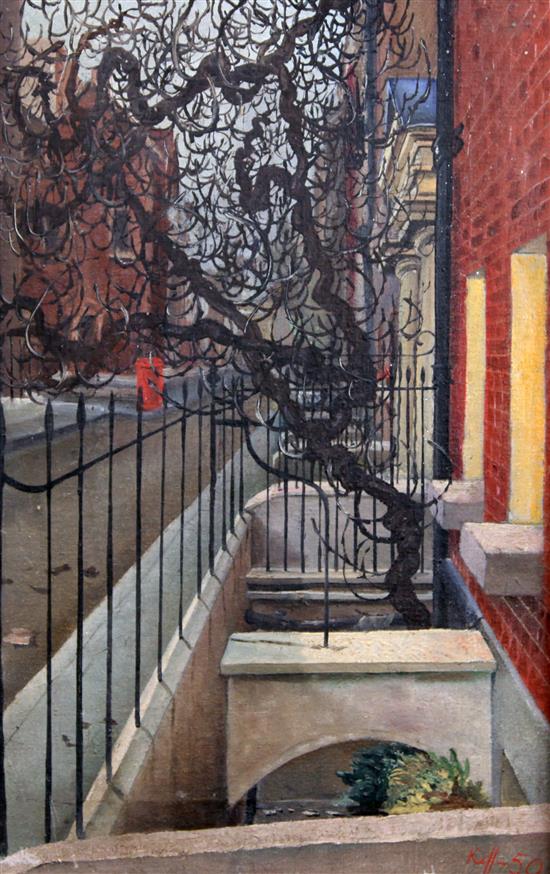 Attributed to Ken Kiff (1935-2001) London street scene, 18.5 x 12in.